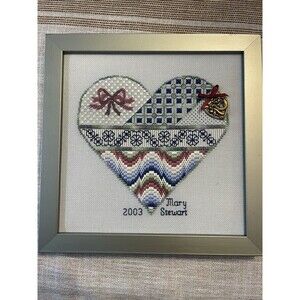 Vintage Needlework HEARTS Ribbon Handmade Embroidery Frame 7 1/2" Picture C12